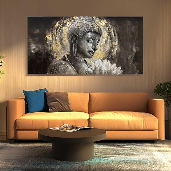 MLART99 Buddha Canvas Wall Decor White Lotus Painting Wall Art Gold and Grey Picture Prints Zen Art for Dining Room Modern Artwork 24x48 Inch