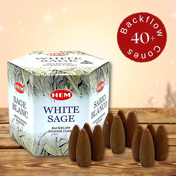 Hem White Sage Incense Cones - (40 Backflow Incense Cones) - Earthy Sage Inscents-Cones Waterfall | Thick Cloudy Incense Fountain Waterfall, Gift These Hem Incense Cones