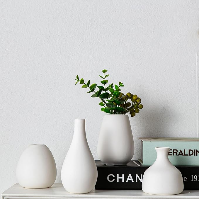White Ceramic Bud Vase Set of 11, Small Vases for Pampas Grass, Flowers, Mini Vases for Modern Home Decor, Minimalist Decor, for Living Room, Dining Table & Shelves