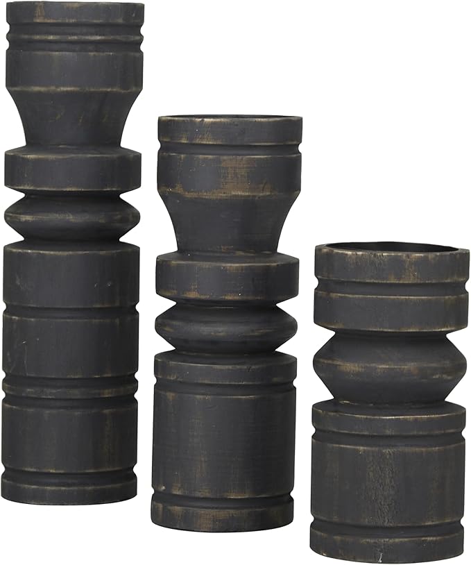 Deco 79 Wood Decorative Candle Holder Candle Stand, Set of 3 Candlestick Holder 14", 11", 8" H, Black