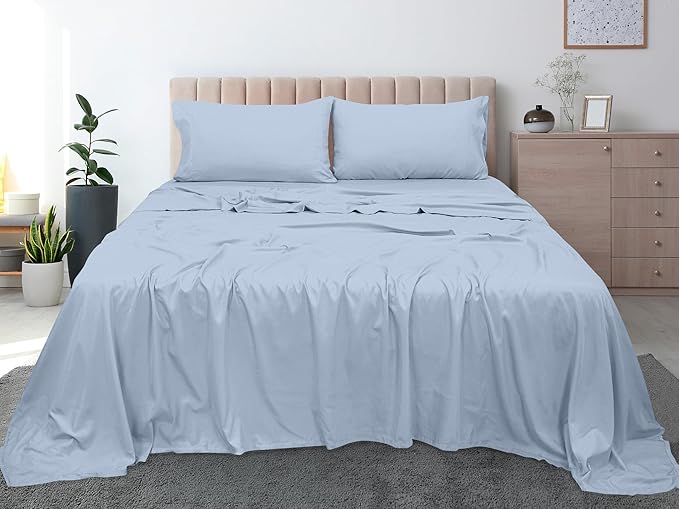 Royale Linens 300 Thread Count 100% Long Staple Combed Cotton Flat Sheet - Super Soft - Top Sheets - Twin Flat Sheet Sold Separately - Breathable, Cool & Crisp Percale Sheets Only (Twin, Lake Blue)