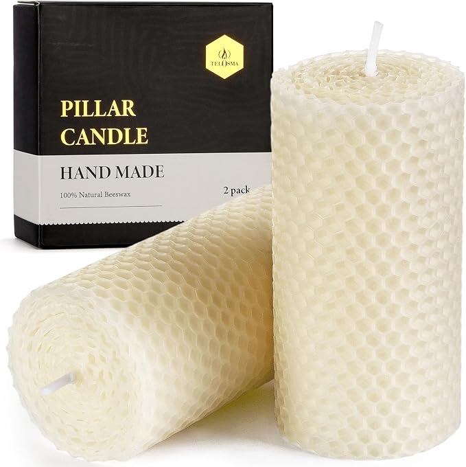Drippless Beeswax Pillar Candle - Hand Rolled Pure Natural Beeswax Candles 2 x 4 inch, Honeycomb Surface - Great for Home Decor, Best Choice for Mother Father or Sister Gift - Pack of 2 Ivory White