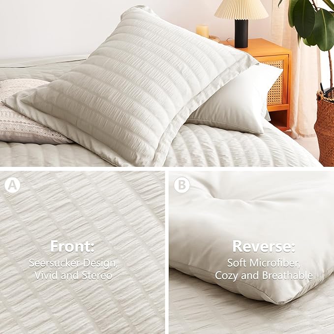 CozyLux King Size Comforter Set Beige Seersucker 7 Pieces Bed in a Bag King Comforter Set with Sheets, Luxury Soft Bedding Set with Down Alternative Comforter, Sheets, Pillowcases & Shams All Seasons