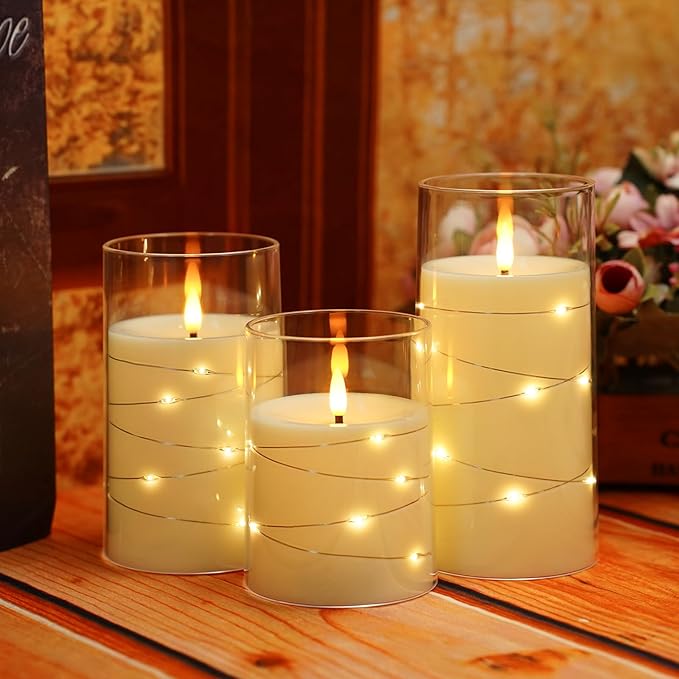Flameless LED Candles with Timer 3 Pc Flickering Flameless Candles for Romantic Ambiance and Home Decoration Stable Acrylic Shell,with Embedded Star String，Battery Operated Candles（Ivory）
