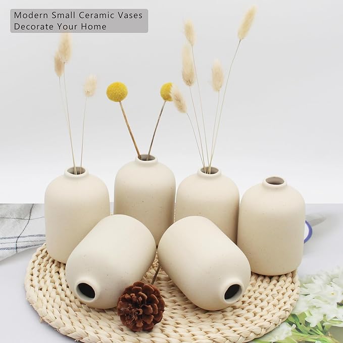 YANLING 6 Pack Small Vase for Flowers Boho Vases for Home Decor, Modern Light Yellow Ceramic Vases for Pampas Grass Simple Shelf Vase, Bud Vases for Wedding Dinner Table Party