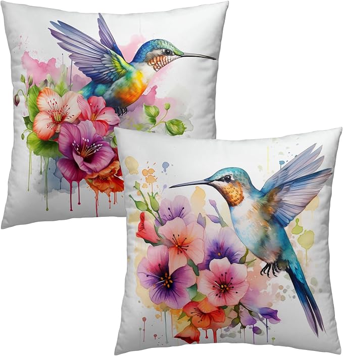 Watercolor Floral Hummingbird Pillow Cover - Colorful Bird Throw Pillow Covers Set of 2 Animal Cushion Covers 20x20 Willife Pillow Cases for Home Couch Sofa Outdoor