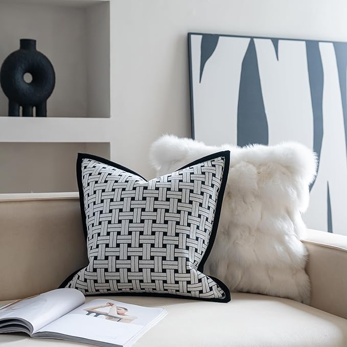 Premium Throw Pillow Covers 22x22 Inches - Black Interlaced Weave Grid Framed Chenille Jacquard Embroidery Decorative Couch Pillow Covers for Living Room Bedroom Sofa