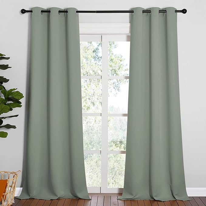 NICETOWN Patio Glass Door Blackout Curtains for Bedroom/Living Room, Privacy Panel Drapes for Dining Room and Guest Room (Greyish Green, 42 inches Wide x 90 inches Long, 1 Pair)