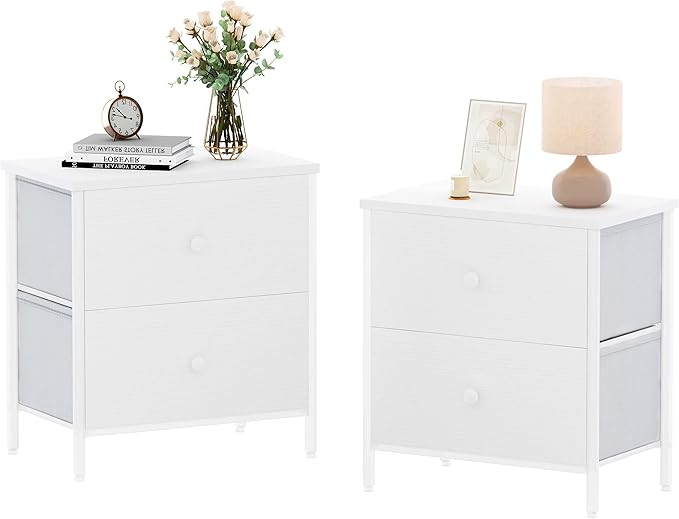 BOLUO White Nightstands Set of 2 - Nightstand and Dresser Sets Night Stand Dresser for Bedroom End Table with Fabric Drawers Organizer Modern