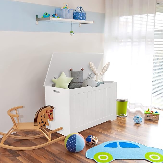Toy Box Storage Chest for Girls Boys, Wooden Trunk Bench w/Flip-top Lid & Safety Hinge, Kids Play Room Nursery Organizer, Bedroom Storage w/ 100L Storage Area (White)