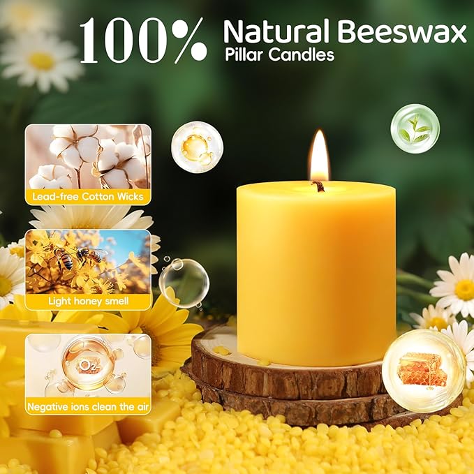 6 Pack Natural Beeswax Candles,270 Hours Long Burning-Bees Wax Candles for Home,100% Pure Beeswax Pillar Candle for Emergency,Paryer,Parties,Unscented Dripless Smokeless Pillar Candle Bulk 2.8x3in