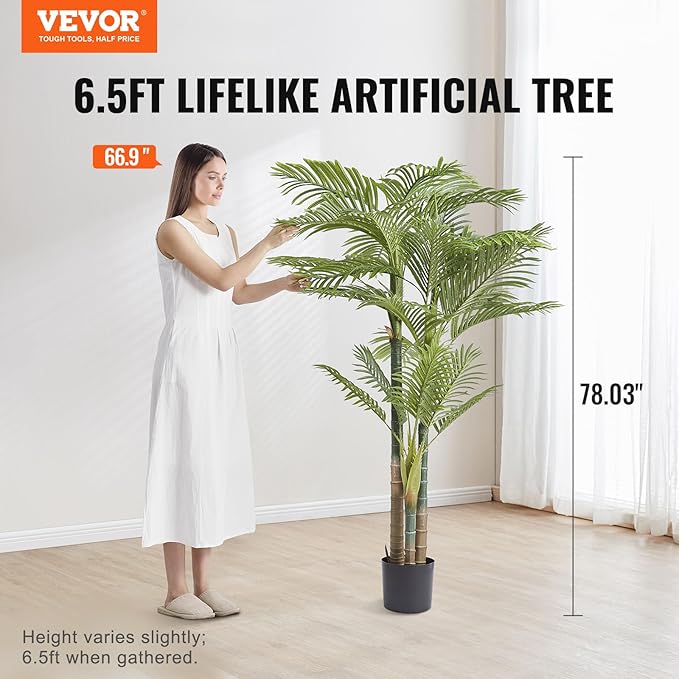 VEVOR Artificial Golden Cane Palm Tree, 6.5 FT Tall Faux Plant, PE Material & Anti-Tip Tilt Protection Low-Maintenance Plant, Lifelike Green Fake Tree for Home Office Warehouse Decor Indoor Outdoor