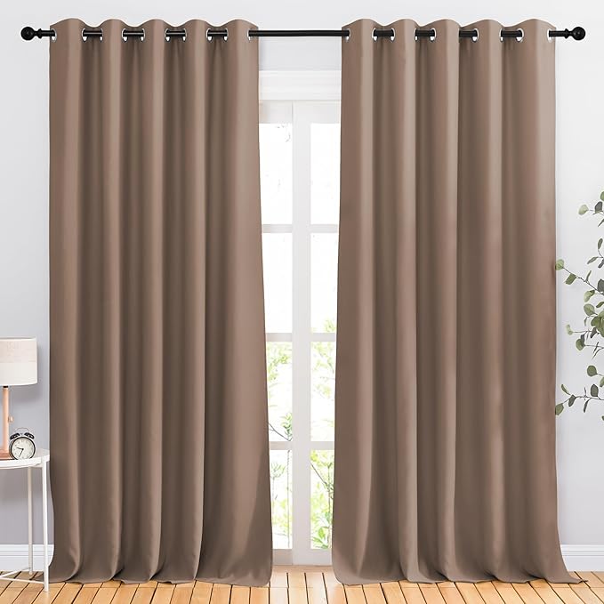 NICETOWN Kitchen Blackout Curtains and Drapes - Triple Weave Energy Saving Thermal Insulated Solid Grommet Blackout Panels for Patio (1 Pair, 66 inches by 90 Inch, Cappuccino)