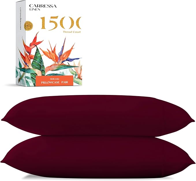 Carressa Linen 100% Egyptian Cotton Pillow Cases Standard/Queen Size Set of 2 - Luxury 1500 Thread Count Sateen Burgundy Pillow Cases, Silky Soft Cotton Pillowcases Fits Standard & Queen Pillows