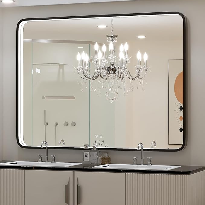 48x36 Inch LED Bathroom Mirror with Lights, Vanity Lighted Black Framed Mirror Anti Fog Stepless Dimmable,Wall Mounted Light up Mirror (Horizontal/Vertical)
