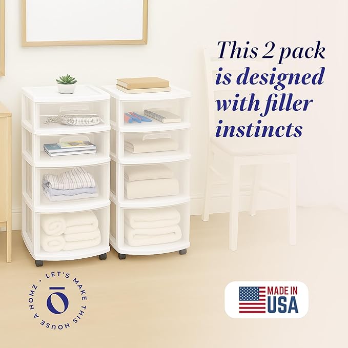 HOMZ 2-Pack Drawer Tower, 4-Tier Clear Plastic Storage Organizer Cart, White Frame - Organizing Containers with Wheels for Home, Bathroom, Bedroom, Office, and Classroom