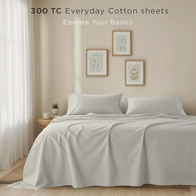 Threadmill 100% Cotton Sheets for King Size Bed | 4 Pc King Bed Sheets Set | Soft, Breathable Lightweight Solid Sateen for All-Season Use | Snug Fit Elastic Deep Pocket King Sheets | Light Grey
