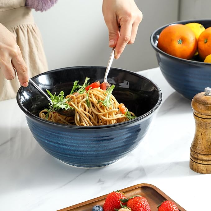 MEKY Ceramic Mixing Bowls Set of 2, 84OZ Large Nesting Salad Bowls - Perfect for Cooking, Baking, Soup, Pasta, Fruit and Popcorn, Deep Bowls Ideal for Microwave and Dishwasher Safe, Blue