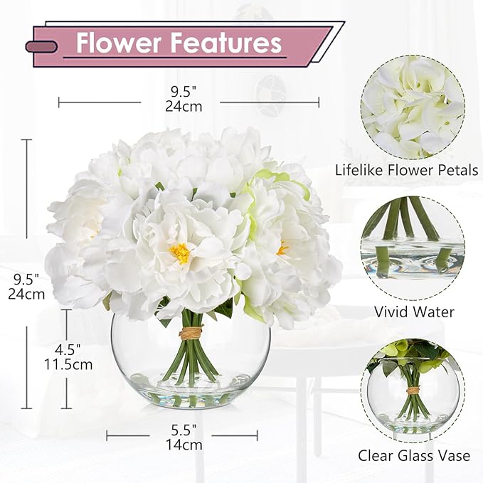 Fake Flowers in Vase White Peonies Artificial Flowers Real Touch Faux Flowers Large Peony Silk Flower Arrangements with Glass Vase with Faux Water for Home Decor Office Table Centerpiece Decorations