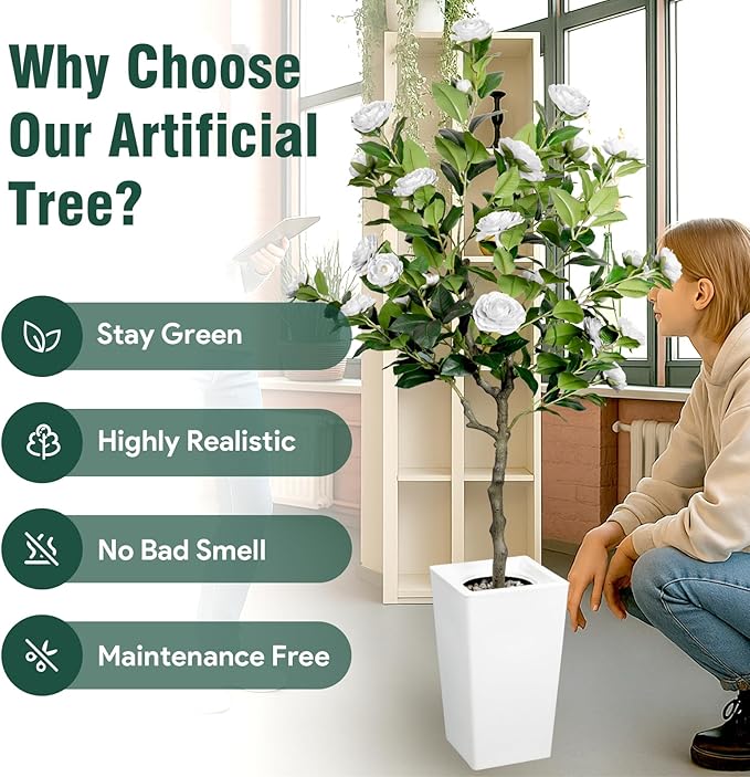 5Ft Artificial Camellia Tree in White Pot, White Faux Plant Indoor Outdoor (61"), Tall Flower Plant for Porch & Living Room Office Decor