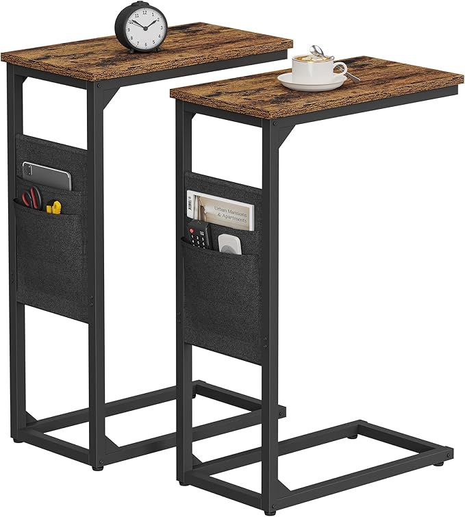 TUTOTAK C Shaped End Table, Side Table for Couch, Sofa Table with Storage Bag, TV Tray for Living Room, Bedroom, Brown TB01BB0822