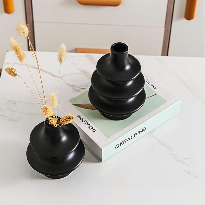 Boho Ceramic Vase Set, Matte Black Aesthetic Vase, Small Mid Century Vases for Home Decor, Nordic Minimalist Vase for Entryway, Living Room Decoration, Table Centerpieces