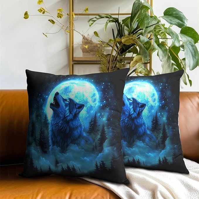 Forest Wolf Throw Pillow Covers - Galaxy Wolves Howling Pillow Covers 16x16 Set of 2 Nature Wolves Pillowcase Animal Cushion Covers Decor for Home Couch Bed Sofa