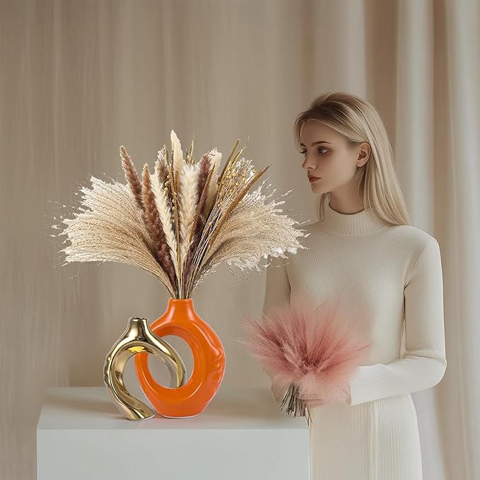 Orange Gold Ceramic Vase Set of 2 for Modern Home Decor,Round Boho Vase for Pampas Grass,Neutral Minimalist Statue for Dining Room Table Centerpiece Dining Room,Wedding Table Decoration