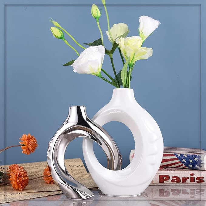 White Ceramic Vase Set of 2, White and Silver Round Donut Ceramic Decorative Vase for Living Room Decor, Bookshelf, Mantel, Dining Table Centerpiece Decor (White Silver)