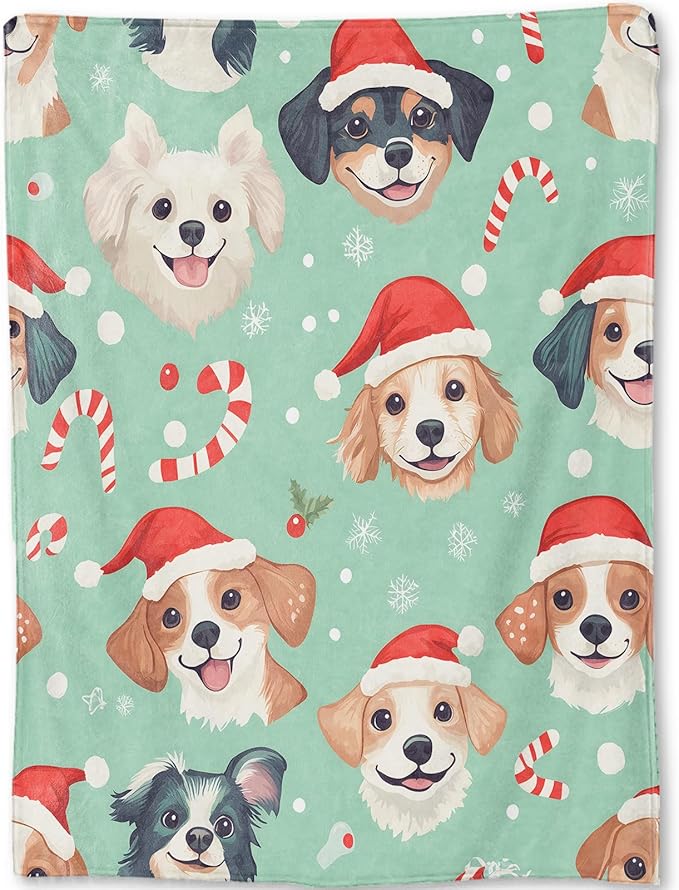 Cute Christmas Dog Blanket - Festive Puppy Santa Hat Fleece Throw,Gifts for Kids Adult, Soft & Warm,Lightweight, for Holiday Decor,Winter Celebration, and Room Home Accents 60x80in