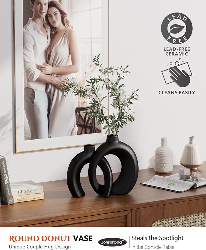Round Donut Vase Set of 2 - Minimalist Nordic Modern Ceramic Decorative Black Vases For Home Office Book Shelf,Table Decor for Living Room,Coffee,Tv Stand Entry Console Mantle Decoration (Matte Black)