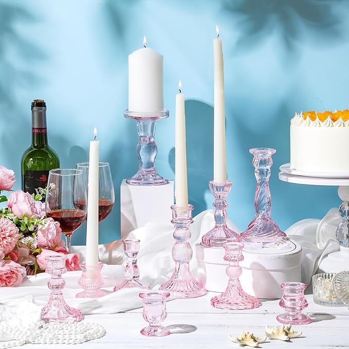 Mumufy 10 Pcs Glass Crystal Taper Candle Holders Clear Glass Candlestick Holder Fit 0.8 Inch Candles Crystal Decorative Candle Stand Centerpiece Table Wedding Dining Party (Classic,Pink)