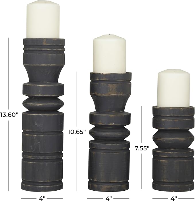 Deco 79 Wood Decorative Candle Holder Candle Stand, Set of 3 Candlestick Holder 14", 11", 8" H, Black