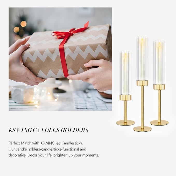 Glass Hurricane Candlestick Holders Gold, KSWING Set of 6 Taper Candle Holders Brass Tall Clear Candle Stand Holders, Perfect for Table Centerpiece Party Wedding Christmas Home Decor