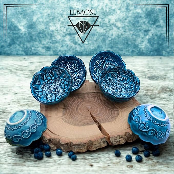 Handmade Decorative Turkish Ceramic Bowl Set of 6, Blue Pinch Bowls for Dipping&Serving - Small Versatile and Unique Charcuterie Accessories, Mini Sauce Dish, Floral Pattern Snack Bowls