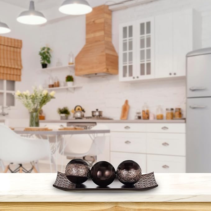 HomeRoots Tray and Orbs Balls | Centerpiece Table Decorations | Home Decor |Decorative Accents Balls for Living Room, Coffee, and Dining Table Decor |Set of 3 | Brown Decor