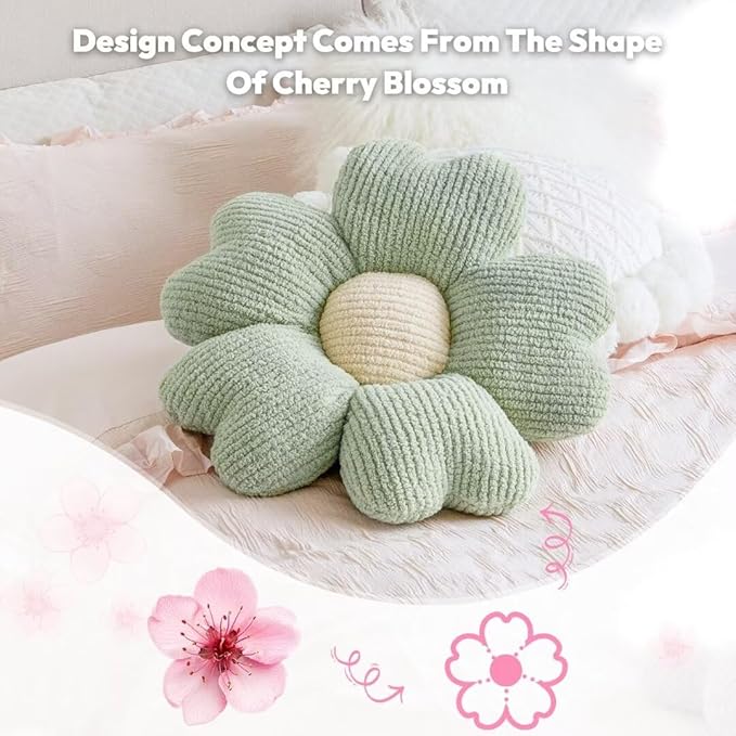 Sioloc Flower Shaped Throw Pillow, Fun Daisy Pillow, 15.7" Green Flower Pillow Cute Decorative Seat Cushion Aesthetic Flower Plush Pillows for Bed Floor Couch Chair