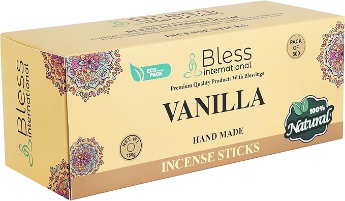 Bless-Vanilla 100%-Natural-Handmade-Hand-Dipped-Incense-Sticks Organic-Chemicals-Charcoal-Free Purification-Relaxation-Positivity-Yoga-Meditation Best-Woods-Scent (500 Sticks(26 OZ))