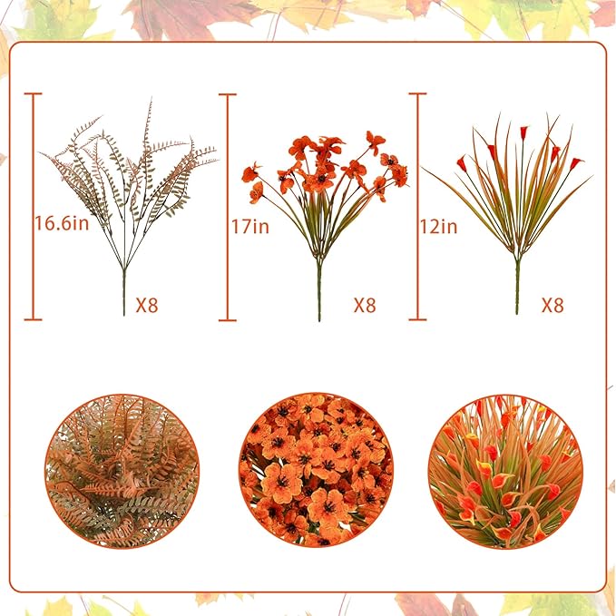 Uieke 72PCS Artificial Mums for Outdoors Fake Fall Outdoor Violet Flowers Orange Calla Lilly and Autumn Ferns No Fade for Outside Window Box Porch Planters Garden Decor