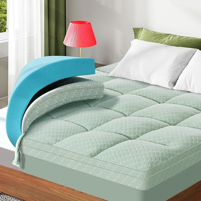 Dual Layer 3 Inch Memory Foam Mattress Topper California King Size, 2 Inch Gel Memory Foam Plus 1 Inch Cooling Pillow Top Mattress Pad Cover, with 8-21 Inch Deep Pocket, Green