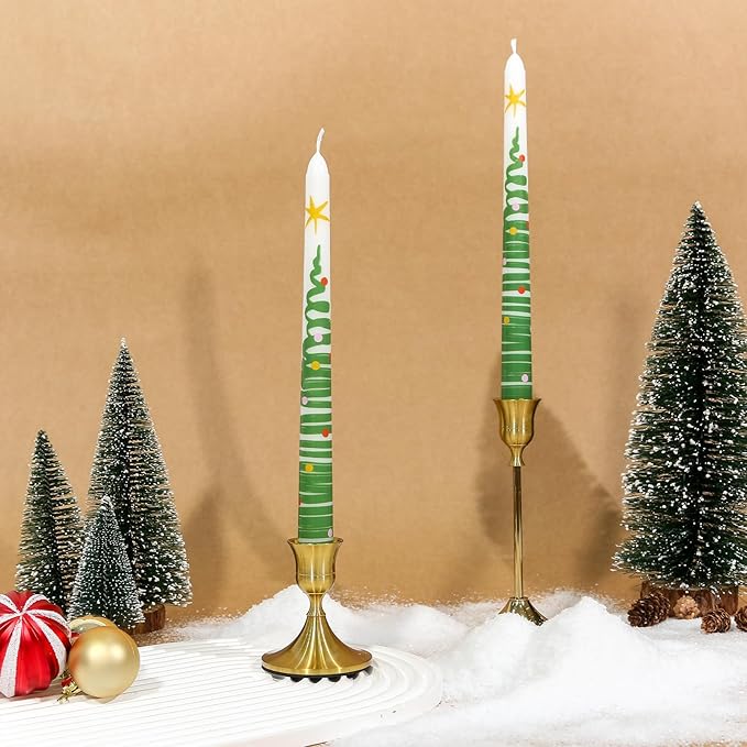 2 Pack Christmas Taper Candles, 10 Inch Unscented White Candlesticks with Christmas Tree Print Design for Holiday Table Decor, Fireplace Mantel, Advent Wreaths, Winter Weddings, Seasonal Display