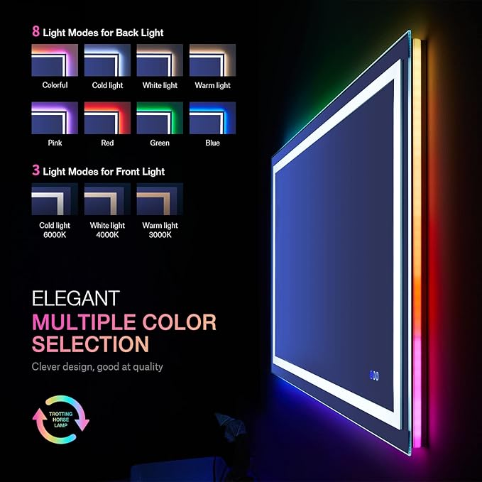 LOAAO 32”X36“ RGB LED Bathroom Mirror with Lights, Large, Anti-Fog, Dimmable Smart Lighted Bathroom Vanity Mirror, Multiple Light Modes, RGB Backlit + Front Light, Memory Function, Tempered Glass