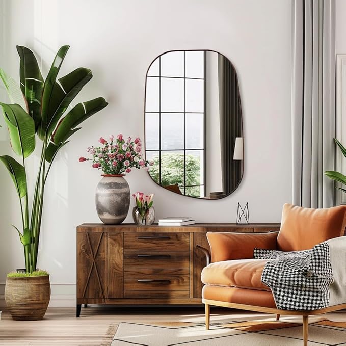 ANDY STAR Bronze Bathroom Mirror, 24"x36" Oil Bronze Asymmetrical Wall Mirror in Stainless Steel Metal Frame, Unique Vanity Mirror with Modern Curved Design, Ideal for Bathroom, Bedroom, Entryway