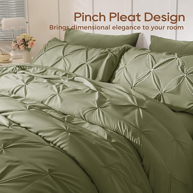 Sasttie Twin XL Comforter Set, 5-Piece Bed in a Bag, Pintuck Bedding Sets for All Season, Includes Comforter, Flat Sheet, Fitted Sheet, Pillowcase and Pillowsham, Olive Green