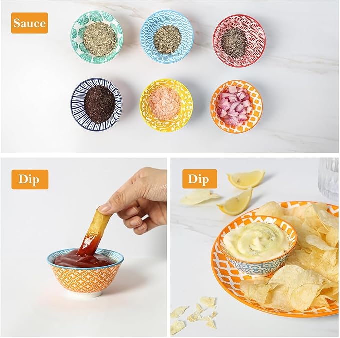 Selamica Ceramic Mini Bowl Set, 4 oz Dipping Bowls for Snack Side Dishes Condiment, Set of 6, Assorted Colors