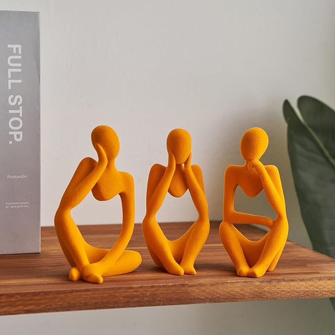 FJS Thinker Statue Shelf Decor - Velvet Collectible Figurines Living Room Decor, Modern Sculptures Home Decorations for Bookshelf Coffee Table Office (Orange Velvet)