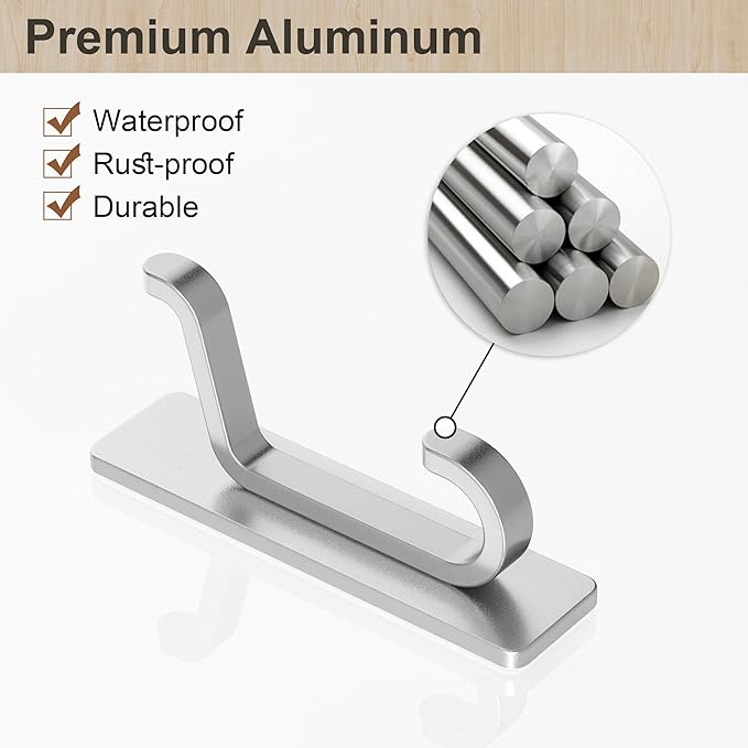 Wall Hooks for Coat and Towel: 13LB Adhesive Door Hanger Stick on, Silver 6 Pack
