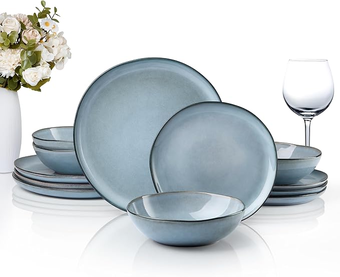 HaWare Dish Set for 4, 12-Piece Stoneware Dinnerware Sets, Round Plates and Bowls Set, Ceramic Dishware for Home Restaurant, Crack and Scratch Resistant, Microwave and Oven Safe, Reactive Foggy Blue
