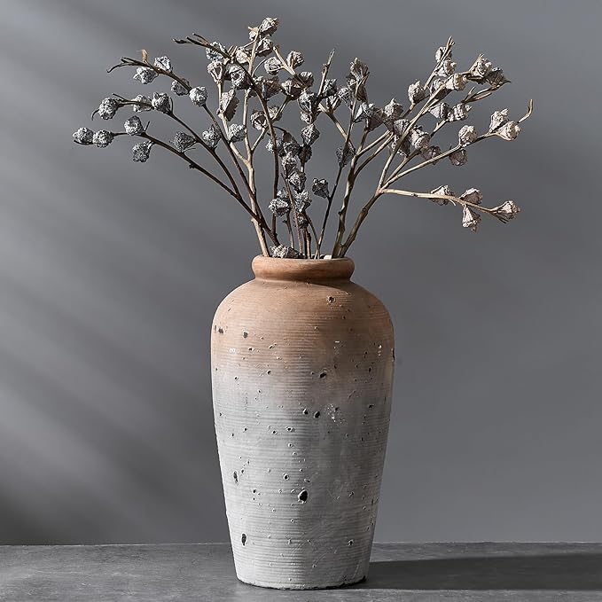 Large Ceramic Rustic Vase, 11 inch Minimalist Decorative Farmhouse Tall Vase for Home Decor, Living Room, Shelf Decor, Enterway, Wedding, Table Decoration, Brown