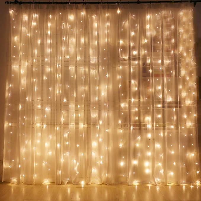 FUNPENY Window Curtain String Lights, 300 LED 8 Lighting Modes Fairy Lights USB Powered, Waterproof Lights for Christmas Bedroom Party Wedding Home Garden Wall Decorations, Warm White